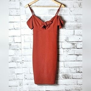 Le Chateau Rust Bodycon Midi Dress Ruffle Front XXS